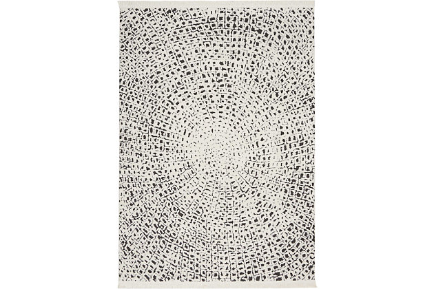 Opposites attract in the most elegant way. This fringed area rug’s striking black and white palette adds a welcome touch of sophisticated beach house style to your space. Alive with texture, it's a treat for your feet.Made of polypropylene/polyester | Machine woven | Cut pile | Latex backing; rug pad recommended | Imported | Spot clean