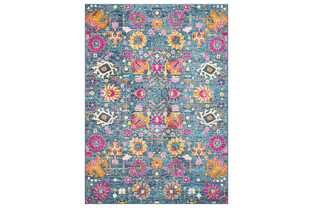 Looking to liven a room? This designer area rug provides the fresh take on floral you've been longing for. Its flowing pattern and organic hues exude a sense of ease that’s easy to love.Made of polpropylene | Machine woven | Cut pile, low shedding | Jute backing | Imported | Spot clean