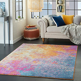Striking abstract patterned rug leaves so much to the imagination. Its ethereal design dresses up a room with glamourously gradated shades, visual texture and a highly contemporary point of view.Made of polpropylene | Machine woven | Cut pile, low shedding | Jute backing | Imported | Spot clean