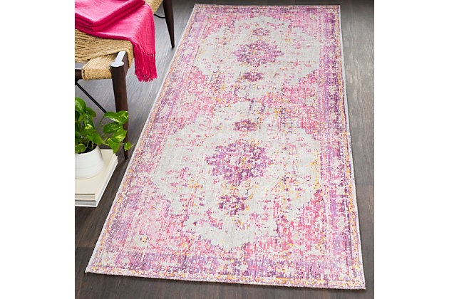 When your room needs a dash of color and pop of personality, this wonderfully versatile rug is just the ticket. Distressed, dyed effect softens the aesthetic for understated good looks that complement virtually any decor.Made of polyester | Machine woven | Low pile | Imported | Spot clean only