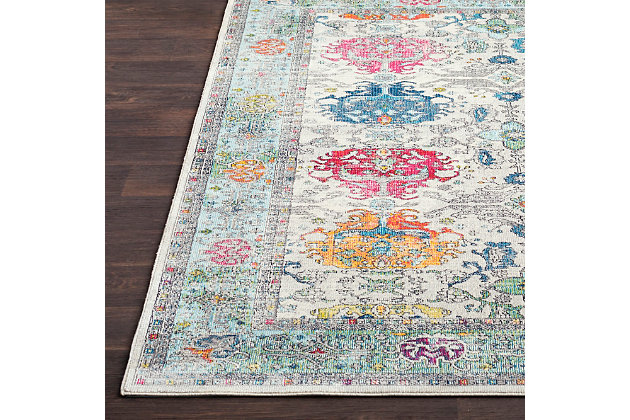 Express your worldly point of view with this exotic rug. Intricate patterns and captivating colors capture the look of far away places and add an element of allure to your design.Made of polypropylene | Machine woven | Medium pile | Imported | Spot clean only