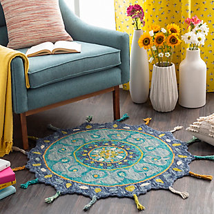 World Needle Area Rug 5' Round, Teal/Lime/Saffron, rollover