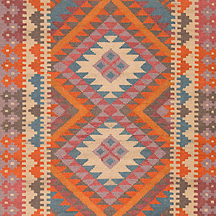 An inspired choice for a richly curated home, this Aztec area rug is as timeless as it is on trend. Loaded with interest and character, its intricate design and saturated hues reflect your global point view in a brilliant way.Made of wool | Handwoven | No pile | Wool fibers are prone to shedding, vacuum regularly and shedding will subside | Imported | Spot clean only