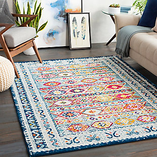 What a footloose and fancy-free feeling this rug brings to your living space. Boho-chic rug is cool and creative. Sturdy construction and intricately shaded yarns make for pure artistry designed to hold up beautifully to everyday living.Made of polypropylene | Machine woven | Medium pile | Imported | Spot clean only