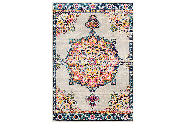 Express your worldly point of view with this exotic rug. Intricate patterns and bold, brilliant hues capture the look of far away places and add an element of allure to your design.Made of polypropylene | Machine woven | Low pile | Rug pad recommended | No backing | Spot clean recommended | Imported