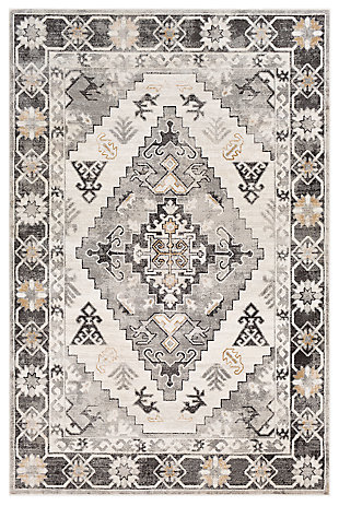 Dress up any floor with the earthy hues and energetic feel of this artful tribal rug. It welcomes visitors with warmth and comfort underfoot. Dynamic design is sure to add interest to your living space.Made of polypropylene | Machine woven | Medium pile | Rug pad recommended | No backing | Spot clean recommended | Imported