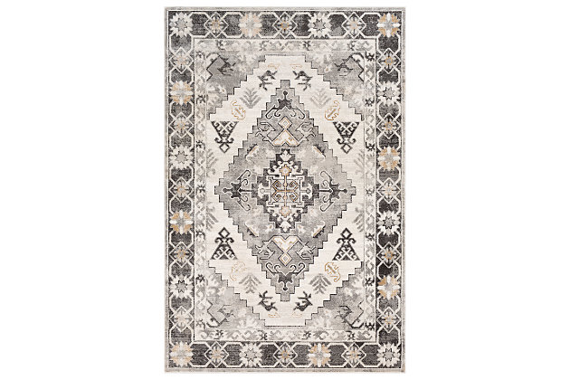 Dress up any floor with the earthy hues and energetic feel of this artful tribal rug. It welcomes visitors with warmth and comfort underfoot. Dynamic design is sure to add interest to your living space.Made of polypropylene | Machine woven | Medium pile | Rug pad recommended | No backing | Spot clean recommended | Imported