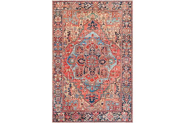 Express your worldly point of view with this exotic rug. Intricate patterns and bold, brilliant hues capture the look of far away places and add an element of allure to your design.Made of polyester | Machine woven | No pile | Canvas backing | Rug pad recommended | Spot clean recommended | Imported