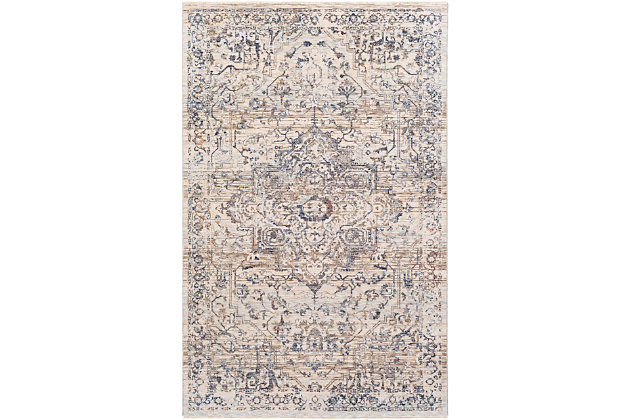 With its flowing floral and vine design, this Persian-inspired area rug delights with its fresh interpretation of traditional style. Earthy palette, beautified with subtle color distressing, is a natural complement to your easy-elegant look.Made of polyester | Machine woven; medium pile | No backing | Spot clean recommended | Imported