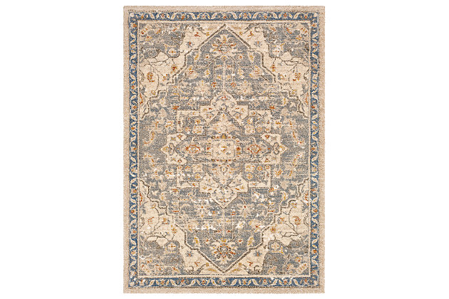 An updated interpretation of the classic medallion design, this rug delights with its fresh feel and timeless appeal. Pleasing palette grounds your space in perfect harmony.Made of polypropylene/polyester | Machine woven | High pile | Canvas (with latex) backing | Spot clean recommended | Imported