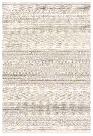 Dress up any floor with the natural hue and designer look of this rug. It welcomes visitors with warmth and comfort underfoot. Neutral color palette exudes a marvelously modern vibe which works wonders in any setting.Made of wool | For indoor/outdoor use | Uv resistant; water resistant | Hand-tufted; low pile | Spot clean recommended | Imported | Canvas backing