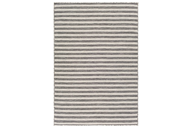 Bold stripes and a classic color pairing make a simply striking statement. This comfortably plush area rug aligns your space in a decidedly modern way.Made of polypropylene | Machine woven | No pile | Rug pad recommended | Spot clean recommended | Imported