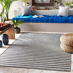 Bold stripes and a classic color pairing make a simply striking statement. This comfortably plush area rug aligns your space in a decidedly modern way.Made of polypropylene | Machine woven | No pile | Rug pad recommended | Spot clean recommended | Imported