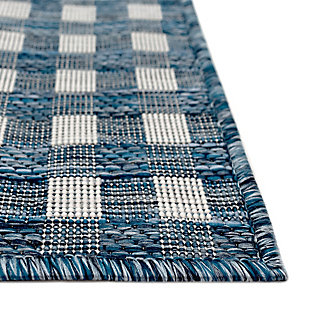 Checker it out. Equally suited to indoor and outdoor living, this checker-patterned area rug is sure to please. Neutral hues and a dynamic design deliver a home run in the style department.Made of polypropylene | Wilton woven | Uv-stabilized for indoor/outdoor use | Prolong life by limiting exposure to rain and moisture; use in a covered area | Imported | Spot clean