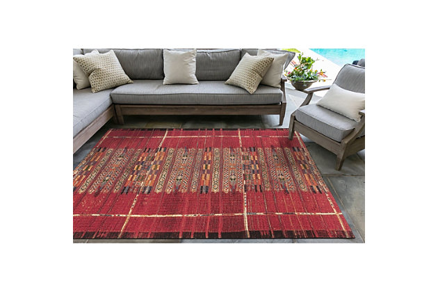 Why play it safe, when you can transform a space with big, bold and brilliant color? Saturated with deep, dramatic hues, this designer indoor-outdoor area rug stands out from the crowd for all the right reasons.Made of polypropylene | Wilton woven | Uv-stabilized for indoor/outdoor use | Prolong life by limiting exposure to rain and moisture; use in a covered area | Imported | Spot clean
