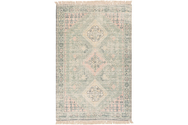 What a footloose and fancy-free feeling this rug brings to your living space. Boho-chic rug is cool and creative. Sturdy construction and intricately shaded yarns make for pure artistry designed to hold up beautifully to everyday living.Made of cotton and polyester | Handwoven | No pile | Rug pad recommended | Spot clean | Imported