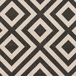Delineate a space in a beautiful way with this designer area rug. Its gorgeous geometric design infuses a modern sensibility that simply suits your style.Made of olefin | For indoor/outdoor use | UV resistant; water resistant | Machine woven | No pile | No backing; rug pad recommended | Imported | Spot clean only