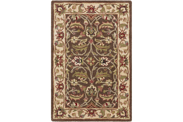 With its timeless tapestry, this hand-tufted wool area rug with floral-and-vine design is simply divine. Alive with earthy tones and textural interest, it’s a natural choice in easy-breezy living.Made of wool | Hand-tufted | Medium pile | Canvas backing; rug pad recommended | Wool fibers are prone to shedding, vacuum regularly and shedding will subside | Imported | Spot clean only