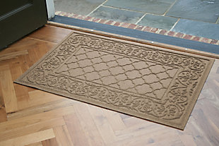 From the front door to the back door and all points in between, the Aqua Shield Rosalie doormat with a floral and lattice pattern is sure to keep your floors clean and dry. Beyond scraping dirt from shoes and paws, it’s got an exclusive “water dam” design for unbeatable absorbency. Resistant to the most extreme weather elements, this doormat is certified slip resistant by the National Floor Safety Institute. Talk about one heck of a welcome mat.Made of polypropylene with rubber backing | Machine made | Crush proof | Raised border keeps dirt and water in the mat, not on your floor | Absorbs one gallon of water per square yard | Mold/mildew/fade resistant | Anti-static and weather resistant | Suitable for indoor/outdoor use | Hose clean, then hang to dry or dry flat | Made in u.s.a.