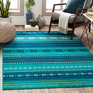 Dress up any floor with the bold hues and energetic feel of this tribal rug. It welcomes visitors with warmth and comfort underfoot. Dynamic design is sure to add interest to your living space.Made polypropylene | Machine woven | Medium pile | Rug pad recommended  | Spot clean | Imported