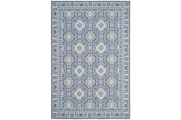 Tasteful design and harmonious hues impart a timeless look to any space. This highly versatile area rug is the perfect marriage of traditional and contemporary styles. It’s a sophisticated yet relaxed aesthetic that feels right at home.Made of polypropylene | Machine woven | No pile | Jute bac; rug pad recommended | Spot clean | Imported