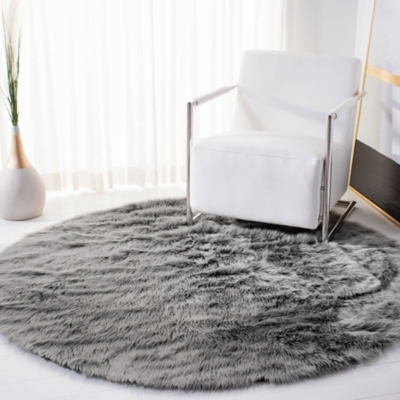 Faux Sheep Skin 4' x 4' Round Accent Rug, Gray, large