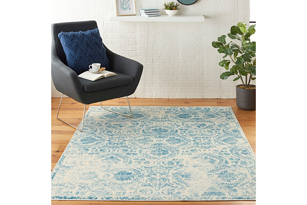 Smart and sophisticated, the jubilant collection presents contemporary rugs with fresh new looks and modern color palettes. Beautifully appealing in pastel shades of pink, blue, and grey, each rug features a durable low-pile construction from low-maintenance, easy-care fibers that will blend perfectly into any casual boho setting. This vintage rug from 's jubilant collection adds instant elegance to any space, with a french provincial style and tastefully distressed peacock blue damask patterns. Sleek, low-pile construction from easy-care fibers creates a distinct and dignified accent for any room in your home.Power loomed | Easy-care fibers | Low shedding | Low-pile