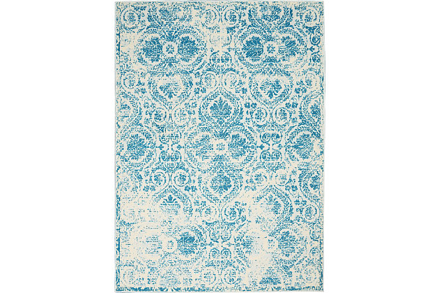Smart and sophisticated, the jubilant collection presents contemporary rugs with fresh new looks and modern color palettes. Beautifully appealing in pastel shades of pink, blue, and grey, each rug features a durable low-pile construction from low-maintenance, easy-care fibers that will blend perfectly into any casual boho setting. This vintage rug from 's jubilant collection adds instant elegance to any space, with a french provincial style and tastefully distressed peacock blue damask patterns. Sleek, low-pile construction from easy-care fibers creates a distinct and dignified accent for any room in your home.Power loomed | Easy-care fibers | Low shedding | Low-pile