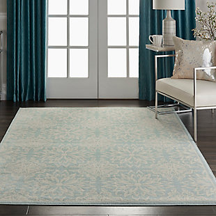 Smart and sophisticated, the jubilant collection presents contemporary rugs with fresh new looks and modern color palettes. Beautifully appealing in pastel shades of pink, blue, and grey, each rug features a durable low-pile construction from low-maintenance, easy-care fibers that will blend perfectly into any casual boho setting. Bold floral medallions burst with energy across the beachy aqua blue field of this jubilant collection rug. Sleek, low-pile construction from easy-care fibers make this a versatile, stylish accent anywhere in your home.Power loomed | Easy-care fibers | Low shedding | Low-pile