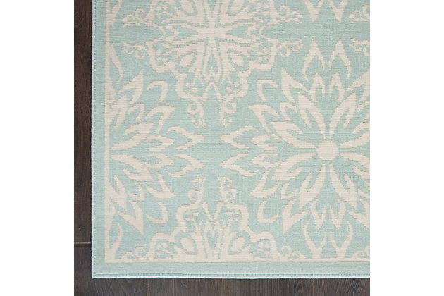 Smart and sophisticated, the jubilant collection presents contemporary rugs with fresh new looks and modern color palettes. Beautifully appealing in pastel shades of pink, blue, and grey, each rug features a durable low-pile construction from low-maintenance, easy-care fibers that will blend perfectly into any casual boho setting. Bold floral medallions burst with energy across the beachy aqua blue field of this jubilant collection rug. Sleek, low-pile construction from easy-care fibers make this a versatile, stylish accent anywhere in your home.Power loomed | Easy-care fibers | Low shedding | Low-pile