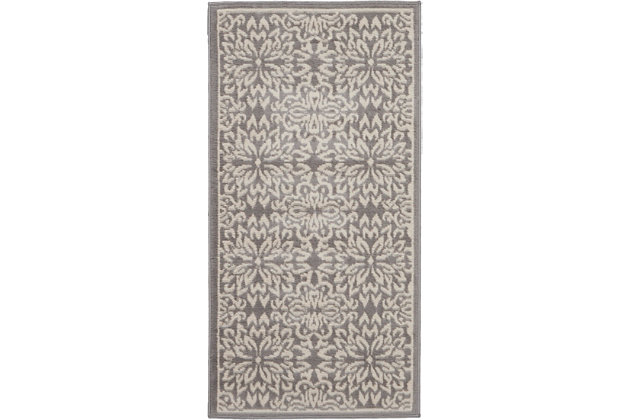 Smart and sophisticated, the jubilant collection presents contemporary rugs with fresh new looks and modern color palettes. Beautifully appealing in pastel shades of pink, blue, and grey, each rug features a durable low-pile construction from low-maintenance, easy-care fibers that will blend perfectly into any casual boho setting. Bold floral medallions burst with energy across the chic grey field of this jubilant collection rug. Sleek, low-pile construction from easy-care fibers make this a versatile, stylish accent anywhere in your home.Power loomed | Easy-care fibers | Low shedding | Low-pile
