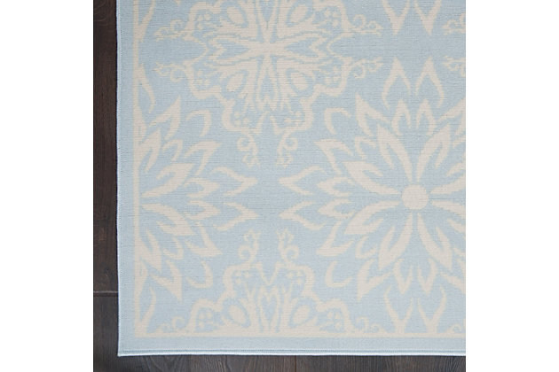 Smart and sophisticated, the jubilant collection presents contemporary rugs with fresh new looks and modern color palettes. Beautifully appealing in pastel shades of pink, blue, and grey, each rug features a durable low-pile construction from low-maintenance, easy-care fibers that will blend perfectly into any casual boho setting. Bold floral medallions burst with energy across the light blue field of this jubilant collection rug.  sleek, low-pile construction from easy-care fibers make this a versatile, stylish accent anywhere in your home.Power loomed | Easy-care fibers | Low shedding | Low-pile
