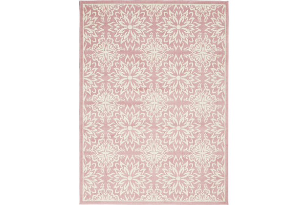 Smart and sophisticated, the jubilant collection presents contemporary rugs with fresh new looks and modern color palettes. Beautifully appealing in pastel shades of pink, blue, and grey, each rug features a durable low-pile construction from low-maintenance, easy-care fibers that will blend perfectly into any casual boho setting. Bold floral medallions burst with energy across the vibrant pink field of this jubilant collection rug. Sleek, low-pile construction from easy-care fibers make this a versatile, stylish accent anywhere in your home.Power loomed | Easy-care fibers | Low shedding | Low-pile