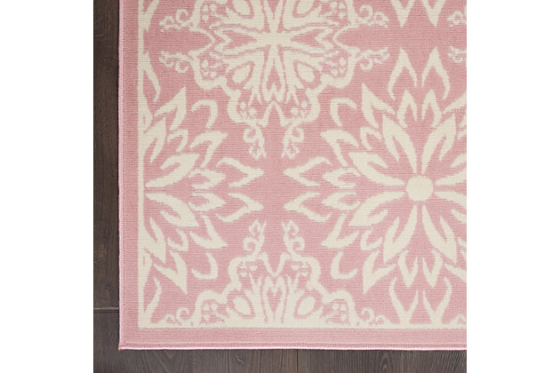 Smart and sophisticated, the jubilant collection presents contemporary rugs with fresh new looks and modern color palettes. Beautifully appealing in pastel shades of pink, blue, and grey, each rug features a durable low-pile construction from low-maintenance, easy-care fibers that will blend perfectly into any casual boho setting. Bold floral medallions burst with energy across the vibrant pink field of this jubilant collection rug. Sleek, low-pile construction from easy-care fibers make this a versatile, stylish accent anywhere in your home.Power loomed | Easy-care fibers | Low shedding | Low-pile