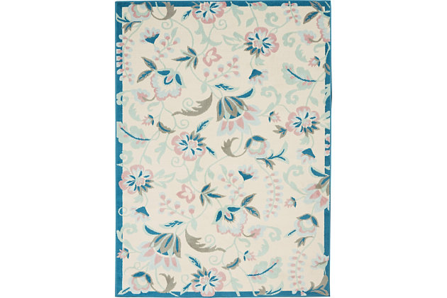 Smart and sophisticated, the jubilant collection presents contemporary rugs with fresh new looks and modern color palettes. Beautifully appealing in pastel shades of pink, blue, and grey, each rug features a durable low-pile construction from low-maintenance, easy-care fibers that will blend perfectly into any casual boho setting. A botanical fantasy of flowers tumbles over the slender borders of this charming rug from the jubilant collection. A gentle palette of blue, pink, and ivory plays out on low-pile easy-care fibers, for a casual charm that brightens any space in the home.Power loomed | Easy-care fibers | Low shedding | Low-pile