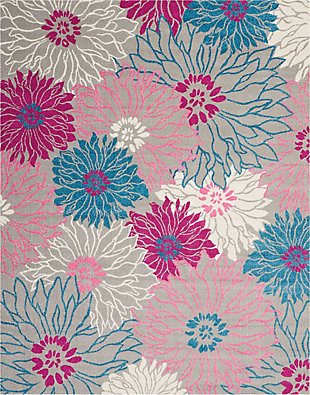 Rich, seductive color draws you into the plush beauty of the passion collection. These fantastic florals and dramatic geometric designs meld elements of classic persian motifs with a bohemian sensibility. Woven from polypropylene fibers on state-of-the-art power looms, this collection of area rugs combines thick, comfortable pile with an easy-care approach. Advanced overdye techniques create an exciting patina effect in shades of pink, blue, and orange. Live a more colorful life with passion in your home! Oversized tropical blooms cover the surface of this passion collection rug, with shades of pink combining with more subtle blue and grey to create a bold color pop in any room. Combined with soft and easy-care pile, this floral pattern brings a bold, exotic vibe to your home.Power loomed | Serged edges | Low shedding | Indoor only | Rug pad recommended