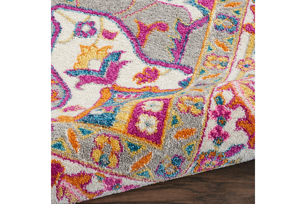 Rich, seductive color draws you into the plush beauty of the passion collection. These fantastic florals and dramatic geometric designs meld elements of classic persian motifs with a bohemian sensibility. Woven from polypropylene fibers on state-of-the-art power looms, this collection of area rugs combines thick, comfortable pile with an easy-care approach. Advanced overdye techniques create an exciting patina effect in shades of pink, blue, and orange. Live a more colorful life with passion in your home! This timeless oushak star medallion rug design takes on a contemporary tone with brilliant shades of teal on a grey multicolor field. With easy-care fibers, it's the perfect infusion of boho charm for any space in your home or dorm room.Power loomed | Serged edges | Low shedding | Indoor only | Rug pad recommended