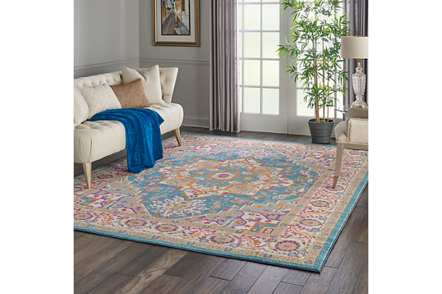 Rich, seductive color draws you into the plush beauty of the passion collection. These fantastic florals and dramatic geometric designs meld elements of classic persian motifs with a bohemian sensibility. Woven from polypropylene fibers on state-of-the-art power looms, this collection of area rugs combines thick, comfortable pile with an easy-care approach. Advanced overdye techniques create an exciting patina effect in shades of pink, blue, and orange. Live a more colorful life with passion in your home! This timeless oushak star medallion rug design takes on a contemporary tone with brilliant shades of teal on a grey multicolor field. With easy-care fibers, it's the perfect infusion of boho charm for any space in your home or dorm room.Power loomed | Serged edges | Low shedding | Indoor only | Rug pad recommended
