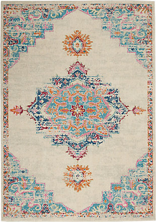 Rich, lush, seductive color draws you in to the plush beauty of the lovely passion collection. If you thrill to the pleasures of beautifying your home, you'll find passion area rugs simply irresistible. These fantastic florals, stunning abstracts and dramatic geometric designs meld elements of classic persian motifs with a modern sensibility. Woven of polypropylene fibers on state-of-the-art powerlooms, this collection of area rugs combines thick, comfortable pile with an easy-care approach. Advanced overdye techniques create an exciting patina effect. Live a more colorful life with passion in your home! Pops of pink add a modern, feminine touch to this classic persian beauty.  intricate shapes and bursts of pink, yellow, magenta, turquoise and blue rest upon a cream field.  this contemporary passion rug presents a classic center-medallion pattern in a modern palette with over-dyed patina. As sumptuous to the touch as it is to the eye, in thick, soft pile with a narrow border.Power-loomed | Distressed finish | Low shedding | Indoor only | Rug pad recommended