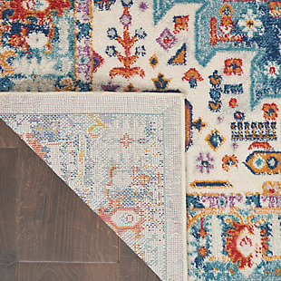 Rich, lush, seductive color draws you in to the plush beauty of the lovely Passion Collection. If you thrill to the pleasures of beautifying your home, you'll find Passion area rugs simply irresistible. These fantastic florals, stunning abstracts and dramatic geometric designs meld elements of classic Persian motifs with a modern sensibility. Woven of polypropylene fibers on state-of-the-art powerlooms, this collection of area rugs combines thick, comfortable pile with an easy-care approach. Advanced overdye techniques create an exciting patina effect. Live a more colorful life with Passion in your home! Softly faded gemstone tones on blue and ivory give this Passion area rug great versatility to work with many color schemes and types of décor. Inspired by classic Persian garden motifs and power-loomed in easy-care fibers for the modern lifestyle. This thick, lush rug is texturized with cut-pile and finished with an ornamental border.Power-loomed | Serged edges | Low shedding | Indoor Only | Rug pad recommended