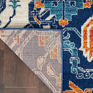 Rich, lush, seductive color draws you in to the plush beauty of the lovely Passion Collection. If you thrill to the pleasures of beautifying your home, you'll find Passion area rugs simply irresistible. These fantastic florals, stunning abstracts and dramatic geometric designs meld elements of classic Persian motifs with a modern sensibility. Woven of polypropylene fibers on state-of-the-art powerlooms, this collection of area rugs combines thick, comfortable pile with an easy-care approach. Advanced overdye techniques create an exciting patina effect. Live a more colorful life with Passion in your home! This exceptional Passion area rug combines lively Persian floral motifs with brilliant multi-color and borderless design for a vivid, modern effect. Deep hues of indigo and saffron are showcased by the ivory ground. Soft and thick cut-pile has irresistible texture; finished with a serged edge.Power-loomed | Serged edges | Low shedding | Indoor Only | Rug pad recommended
