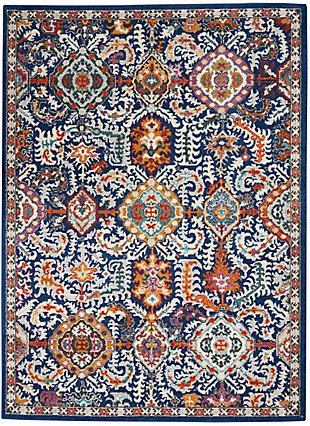 Rich, lush, seductive color draws you in to the plush beauty of the lovely Passion Collection. If you thrill to the pleasures of beautifying your home, you'll find Passion area rugs simply irresistible. These fantastic florals, stunning abstracts and dramatic geometric designs meld elements of classic Persian motifs with a modern sensibility. Woven of polypropylene fibers on state-of-the-art powerlooms, this collection of area rugs combines thick, comfortable pile with an easy-care approach. Advanced overdye techniques create an exciting patina effect. Live a more colorful life with Passion in your home! Like a treasure chest of jewels, this colorful Passion area rug pours forth an exciting array of gold, ruby and amethyst details, all richly displayed on a deep blue ground. This rug takes inspiration from Persian floral motifs, yet will work beautifully in the modern room. With serged edge, narrow border and the textural quality of soft cut-pile.Power-loomed | Serged edges | Low shedding | Indoor Only | Rug pad recommended