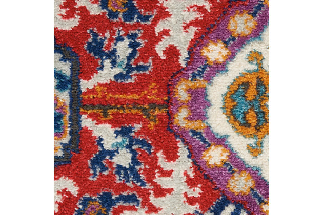 Rich, lush, seductive color draws you in to the plush beauty of the lovely Passion Collection. If you thrill to the pleasures of beautifying your home, you'll find Passion area rugs simply irresistible. These fantastic florals, stunning abstracts and dramatic geometric designs meld elements of classic Persian motifs with a modern sensibility. Woven of polypropylene fibers on state-of-the-art powerlooms, this collection of area rugs combines thick, comfortable pile with an easy-care approach. Advanced overdye techniques create an exciting patina effect. Live a more colorful life with Passion in your home! Brilliant in its color story, this exciting Passion area rug pours forth an array of gold, lapis and amethyst details, all richly displayed on a ruby red ground. This rug takes inspiration from Persian floral motifs, yet works beautifully in the modern room. With serged edge, narrow border and the textural quality of soft cut-pile.Power-loomed | Serged edges | Low shedding | Indoor Only | Rug pad recommended