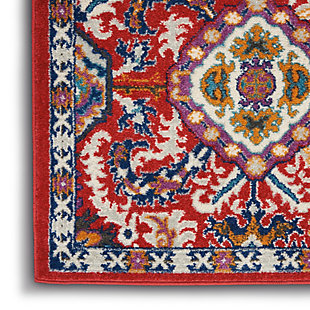 Rich, lush, seductive color draws you in to the plush beauty of the lovely Passion Collection. If you thrill to the pleasures of beautifying your home, you'll find Passion area rugs simply irresistible. These fantastic florals, stunning abstracts and dramatic geometric designs meld elements of classic Persian motifs with a modern sensibility. Woven of polypropylene fibers on state-of-the-art powerlooms, this collection of area rugs combines thick, comfortable pile with an easy-care approach. Advanced overdye techniques create an exciting patina effect. Live a more colorful life with Passion in your home! Brilliant in its color story, this exciting Passion area rug pours forth an array of gold, lapis and amethyst details, all richly displayed on a ruby red ground. This rug takes inspiration from Persian floral motifs, yet works beautifully in the modern room. With serged edge, narrow border and the textural quality of soft cut-pile.Power-loomed | Serged edges | Low shedding | Indoor Only | Rug pad recommended