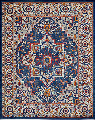 Rich, lush, seductive color draws you in to the plush beauty of the lovely Passion Collection. If you thrill to the pleasures of beautifying your home, you'll find Passion area rugs simply irresistible. These fantastic florals, stunning abstracts and dramatic geometric designs meld elements of classic Persian motifs with a modern sensibility. Woven of polypropylene fibers on state-of-the-art powerlooms, this collection of area rugs combines thick, comfortable pile with an easy-care approach. Advanced overdye techniques create an exciting patina effect. Live a more colorful life with Passion in your home! This gorgeous Passion area rug is centered by a detailed star medallion, surrounded by an intricate Persian garden design and finished with a layered border. Richly pigmented tones of gold and ruby sparkle on the lapis and ivory ground. Easy-care fibers make this rug perfect for the modern lifestyle; the thick, cut-pile adds a welcome touch of textural appeal.Power-loomed | Serged edges | Low shedding | Indoor Only | Rug pad recommended