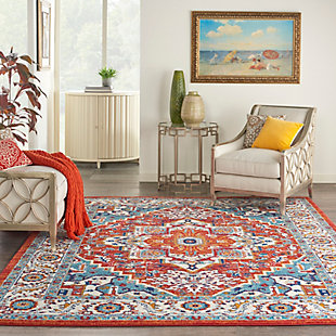 Rich, lush, seductive color draws you in to the plush beauty of the lovely Passion Collection. If you thrill to the pleasures of beautifying your home, you'll find Passion area rugs simply irresistible. These fantastic florals, stunning abstracts and dramatic geometric designs meld elements of classic Persian motifs with a modern sensibility. Woven of polypropylene fibers on state-of-the-art powerlooms, this collection of area rugs combines thick, comfortable pile with an easy-care approach. Advanced overdye techniques create an exciting patina effect. Live a more colorful life with Passion in your home! This gorgeous Passion area rug is centered by a detailed star medallion, surrounded by an intricate Persian garden design and finished with a layered border. Richly pigmented tones of gold and turquoise gleam on the ruby and ivory ground. Easy-care fibers make this rug perfect for the modern lifestyle; the thick, cut-pile adds a welcome touch of textural appeal.Power-loomed | Serged edges | Low shedding | Indoor Only | Rug pad recommended