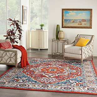 Rich, lush, seductive color draws you in to the plush beauty of the lovely Passion Collection. If you thrill to the pleasures of beautifying your home, you'll find Passion area rugs simply irresistible. These fantastic florals, stunning abstracts and dramatic geometric designs meld elements of classic Persian motifs with a modern sensibility. Woven of polypropylene fibers on state-of-the-art powerlooms, this collection of area rugs combines thick, comfortable pile with an easy-care approach. Advanced overdye techniques create an exciting patina effect. Live a more colorful life with Passion in your home! This gorgeous Passion area rug is centered by a detailed star medallion, surrounded by an intricate Persian garden design and finished with a layered border. Richly pigmented tones of gold and turquoise gleam on the ruby and ivory ground. Easy-care fibers make this rug perfect for the modern lifestyle; the thick, cut-pile adds a welcome touch of textural appeal.Power-loomed | Serged edges | Low shedding | Indoor Only | Rug pad recommended