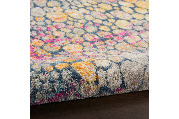 Rich, seductive color draws you into the plush beauty of the passion collection. These fantastic florals and dramatic geometric designs meld elements of classic persian motifs with a bohemian sensibility. Woven from polypropylene fibers on state-of-the-art power looms, this collection of area rugs combines thick, comfortable pile with an easy-care approach. Advanced overdye techniques create an exciting patina effect in shades of pink, blue, and orange. Live a more colorful life with passion in your home! A colorful coral reef is slightly less spectacular than this magical passion area rug that pulsates with color and soft, inviting pile. Its modern abstract design with circular motif brings light and energy into your favorite room. Brilliantly conceived in rich multicolor with golden yellow, fuchsia and reef blue.Power-loomed | Serged edges | Low shedding | Indoor only | Rug pad recommended