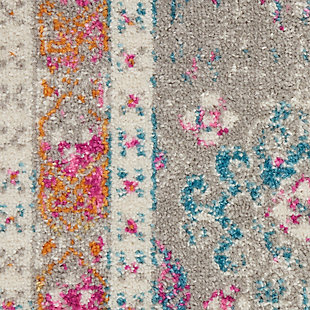 Rich, seductive color draws you into the plush beauty of the Passion Collection. These fantastic florals and dramatic geometric designs meld elements of classic Persian motifs with a bohemian sensibility. Woven from polypropylene fibers on state-of-the-art power looms, this collection of area rugs combines thick, comfortable pile with an easy-care approach. Advanced overdye techniques create an exciting patina effect in shades of pink, blue, and orange. Live a more colorful life with Passion in your home! This fantastic Passion area rug scintillates with color and pattern. It incorporates a variety of vintage Persian motifs, unified by an ornamental border. The lush colors and rich floral and geometric details sparkle in jewel tones with beautiful distressed effect across the soft pile.Power-loomed | Serged edges | Low shedding | Indoor Only | Rug pad recommended