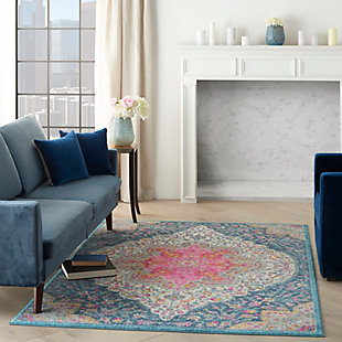 Rich, seductive color draws you into the plush beauty of the passion collection. These fantastic florals and dramatic geometric designs meld elements of classic persian motifs with a bohemian sensibility. Woven from polypropylene fibers on state-of-the-art power looms, this collection of area rugs combines thick, comfortable pile with an easy-care approach. Advanced overdye techniques create an exciting patina effect in shades of pink, blue, and orange. Live a more colorful life with passion in your home! This stunning passion area rug takes inspiration from vintage persian paisley design with a dramatic center medallion, floral background and corner flourishes. Beautiful and bright in pink, indigo, fuchsia and gold with the added pleasure of soft and textural cut-pile. Power-loomed of modern, easy-care fibers.Power-loomed | Serged edges | Low shedding | Indoor only | Rug pad recommended
